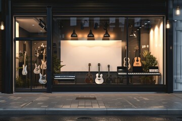 A contemporary music store exterior at night, beautifully illuminated to highlight various guitars...