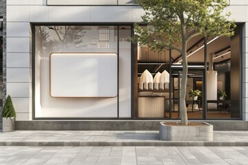 A contemporary store exterior featuring a large blank sign with a golden frame