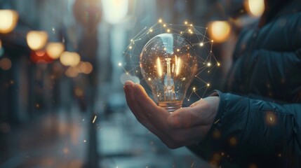 Captivating visuals featuring a businessman holding a light bulb linked to the future internet network, illustrating how creativity and innovation are key to business prosperity.