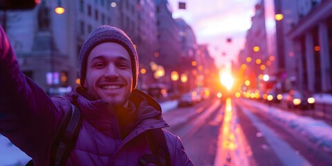 Obraz premium Man captures a joyful sunset selfie on a city street during his vacation. Concept Vacation, Sunset, Selfie, CityStreet, JoyfulCapture