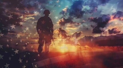 A patriotic image featuring the silhouette of a soldier with an overlay of the American flag against a dramatic sunset sky - Powered by Adobe