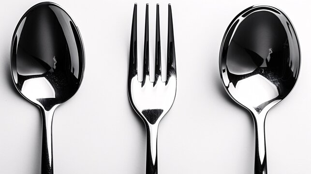 Eating utensils on a blank backdrop.
