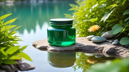 Front view of green cosmetic jar in a garden with flower , green leaf rocks bright daylight background , reflection of a lake photography nature conconcept - Powered by Adobe