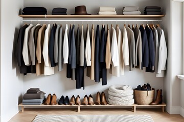 Summer-Autumn Fashion Closet for Summer-Autumn Weather, Minimal Trend with Natural Colors for Season, ai generative, 생성형