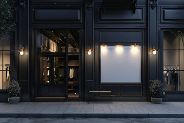 Storefront featuring a large blank billboard under warm lights