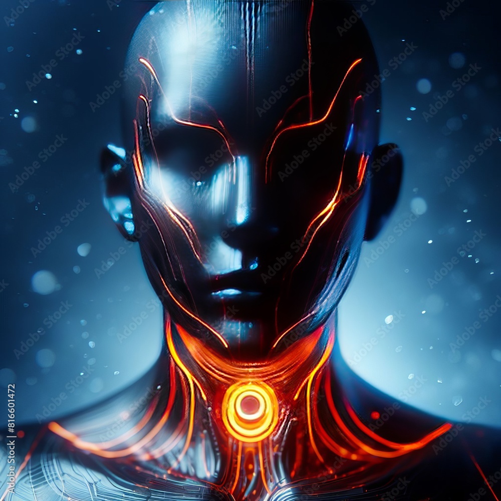 Poster a close-up of a futuristic android's face with sleek design, featuring glowing neon lines and an ill