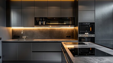 Sleek gray kitchen in a luxurious apartment, featuring modern stainless steel appliances.