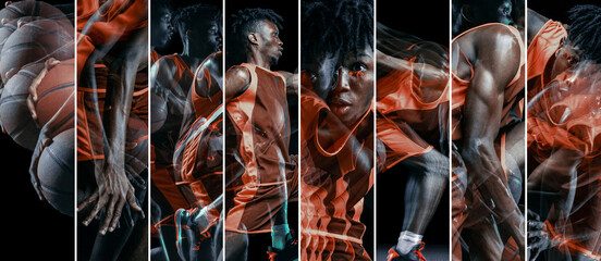Striped collage. African-American male basketball player in dynamic motion, shows multiple poses...