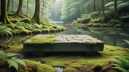 An empty stone platform is placed on the water with a forest floor, moss, ferns and trees behind....