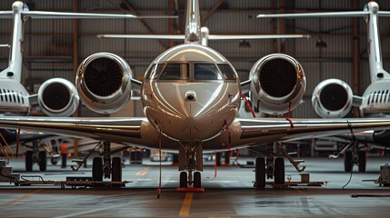 Private jet pilots prepare the aircraft for a flight in a storage facility.