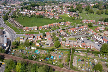 Aerial drone photo of the town of Bramley which is a district in west Leeds, West Yorkshire,...