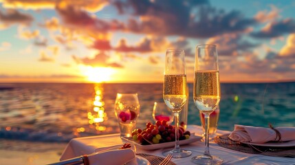 romantic beachside meal under the sunset. A lavish meal and bubbly are served at a table for two on a honeymoon in a restaurant overlooking the sea. Summer romance, romantic getaway idea.