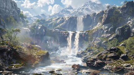 Scenic waterfall cascading in the mountains with a river running through it surrounded by picturesque nature of rocks and water