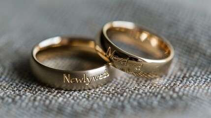 Simple gold wedding bands with "Newlyweds" engraved on them.