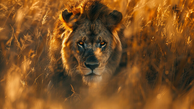 A male lion stalks its prey in the Sabi Sand Game Reserve, South Africa.