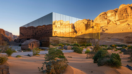 A mirrored building in the middle of the desert. It's called Maraya and is located in Saudi Arabia.