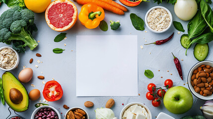 Healthy products and blank sheet of paper on light background