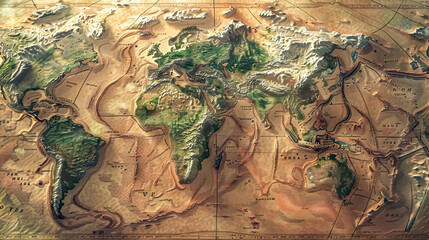 Ancient map of the world. Vintage style. 3D illustration. 400000 BC world map. 