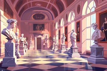 A display of creative illustrations and sculptures in an ancient palace or gallery.