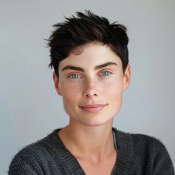 Head and shoulders professional portrait of a good looking androgynous woman with short dark hair and striking blue eyes looking to camera., square, on a grey background
