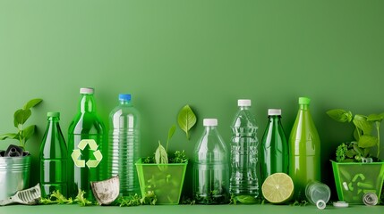 Banner for the main page of the site about waste recycle with in green background color. The problem of ecology, waste recycling, waste disposal, reusable use, recyclables use, consumer culture.