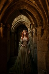 Queen in ancient cloister walkway