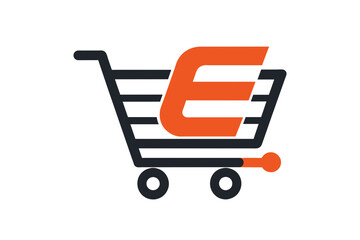 A logo for an E-commerce Branding company that reflects modernity and simplicity, with a sleek shopping cart design integrated seamlessly with a bold letter E. Vector art illustration