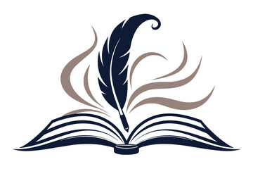 a logo for Creative Writing depicting a quill pen poised above an open book, with swirling lines suggesting imagination. Vector art illustration