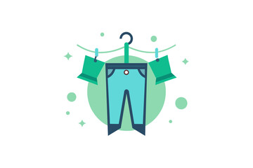 a logo for laundry clothesline with a shirt and pants hanging, accompanied by bubbles below, vector art illustration