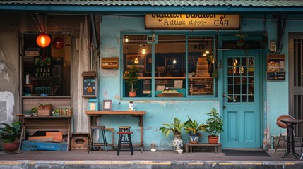 Charming photographs showcasing Thai coffee shop fronts in a modern yet vintage style. Ideal for promoting trendy cafes or urban exploration guides.