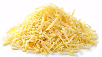 Heap of delicious shredded cheese on a white background viewed from above.