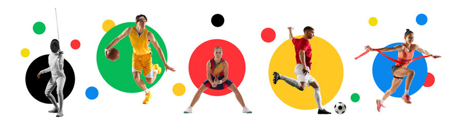 Sports collage. Athletic people captured in moment of winning, scoring decisive goal against background with colorful circles. Concept of professional sport, competition, tournament, movement, action.
