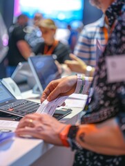 The registration process for a conference, where visitors and attendees are given a name tag, wristband, and electronically register for entrance.