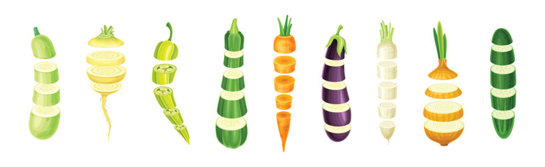 Sliced Vegetable Vertical with Cut Pieces Vector Set