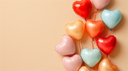 Heart-shaped balloons on beige background top view. Va