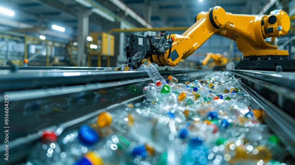 Poster a captivating image of a robotic arm meticulously picking and sorting plastic waste pieces on a conv