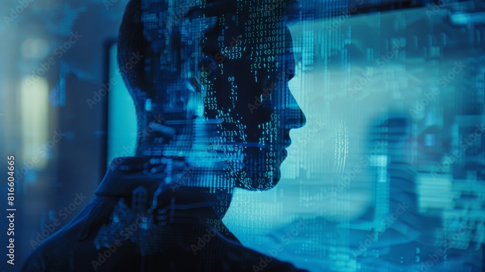 Aufkleber silhouette of hacker against glowing green code background