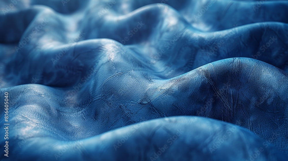 Poster Detailed view of a textured blue fabric with a wavy, rippled surface, showing intricate patterns and depth