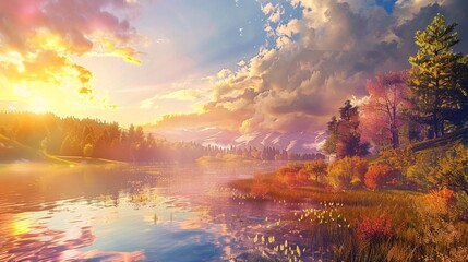 Breathtaking dawn over a picturesque vista with vibrant sky, forests, meadows, and shimmering water mirroring the radiant sun.