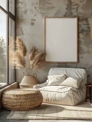 Modern minimalistic living room in a mix of bohemian, scandinavian, nordic and baroque style. Mockup with a wall frame poster background. Interior design inspiration for a magazine, decoration concept