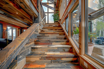 A child's view of a Christmas tree seen through the banisters of a home staircase.