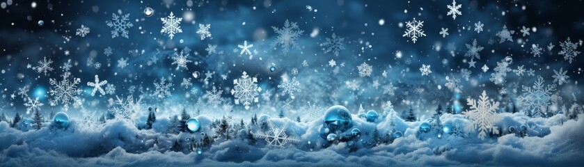 Blue and white winter background with falling snowflakes.