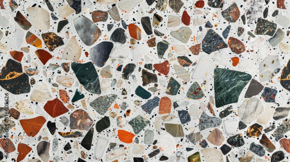 Poster high-resolution image showcasing the detailed pattern of multicolored terrazzo flooring