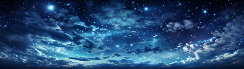 Blue night sky with stars and clouds.