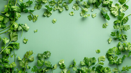 Frame made of fresh cilantro on color background