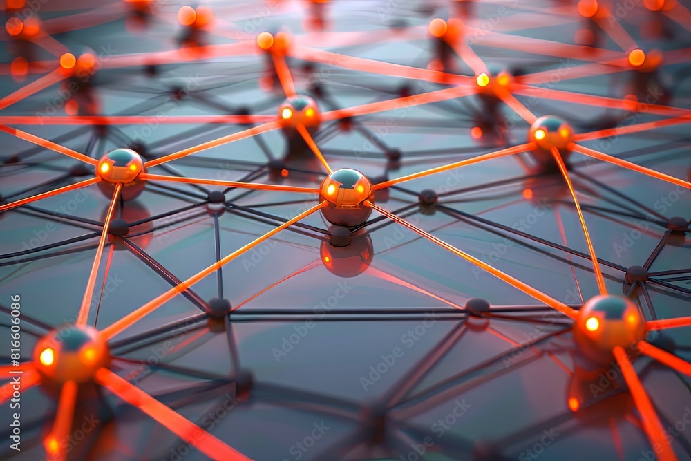 Poster an illustration showing a network of bright orange balls connected to each other in a complex and in