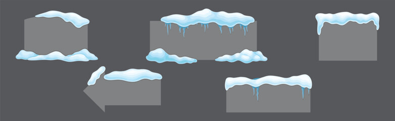 Grey Frame Shape with Snow and Frozen Icicles Vector Set