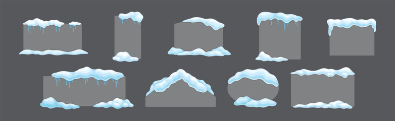 Grey Frame Shape with Snow and Frozen Icicles Vector Set