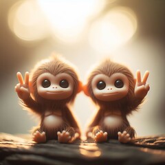 Obraz premium Two adorable sloth figurines with peace signs are captured in a heartwarming display of friendship and serenity.. AI Generation