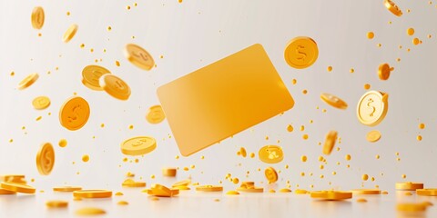 Promotional coupon with discount code and golden coin, isolated on white background. Gift certificate with 3d elements for redemption.